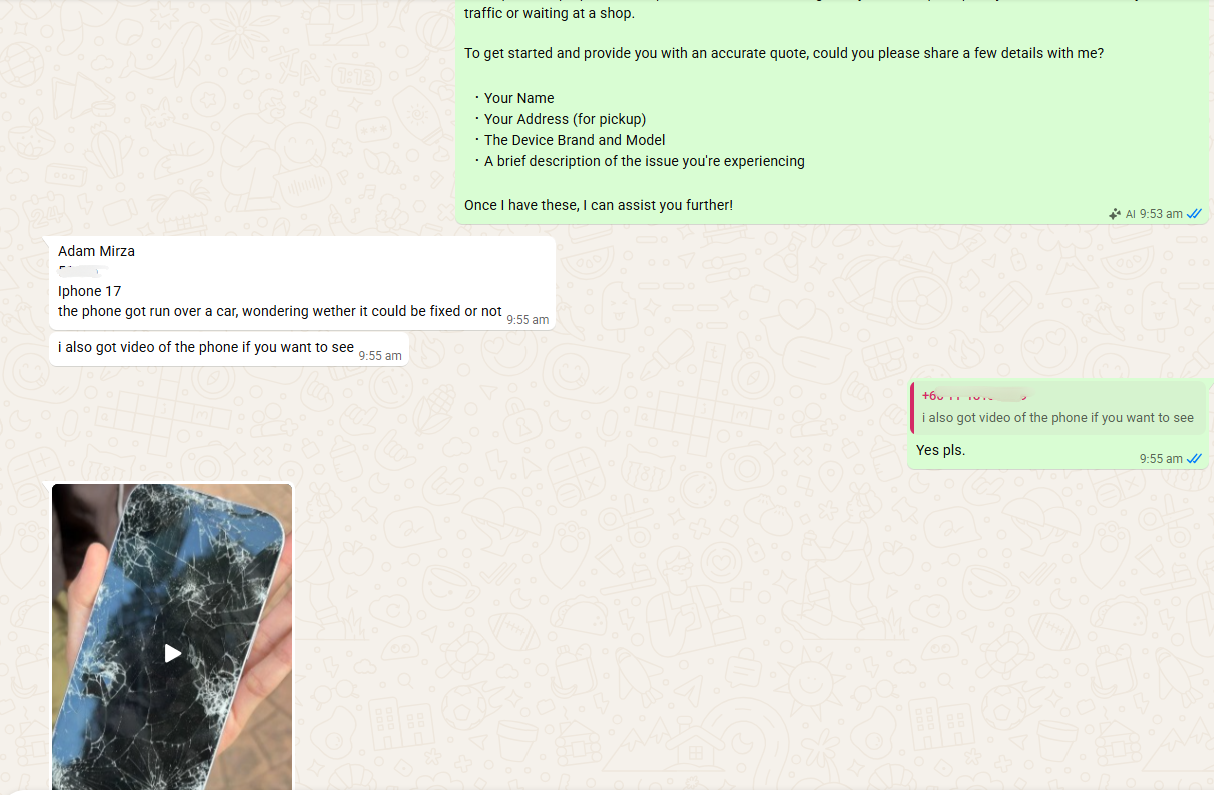 Customer shared repair issue through WhatsApp