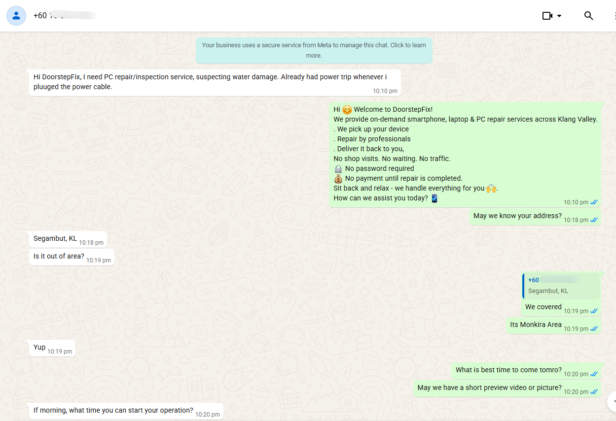 Customer contacted DoorstepFix for PC repair service in Segambut KL