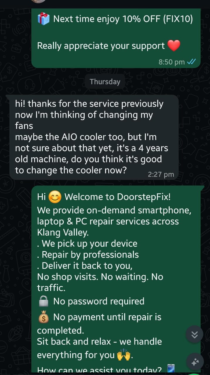 Repeat customer from Damansara contacted DoorstepFix again